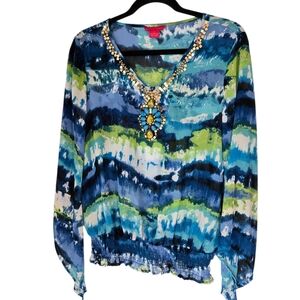 Sunny Leigh Blue and Green Women's Beaded V-Neck Top